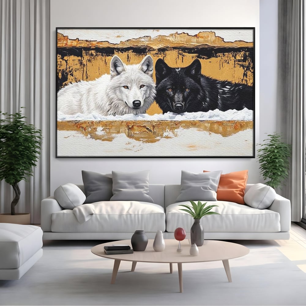Tablou canvas cu pictura cu doi lupi in zapada, in rama de aluminiu negru, pe perete intr-un living
